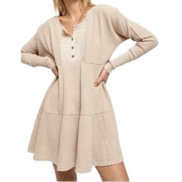 Free People FP One Jolene Thermal Henley Tier Mini Dress Boho oversized Sand S - Picture 2 of 9